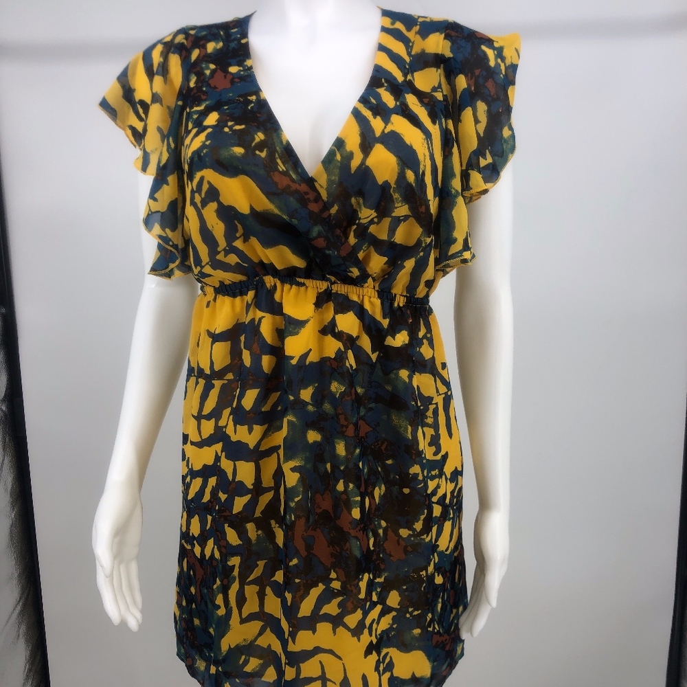 GOLD BLUE SHORT SLEEVE V NECKLINE DRESS